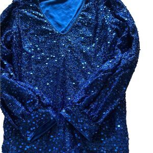 Blue Sequin Long Sleeve Party Top – Women’s Small/Medium V-Neck Blouse